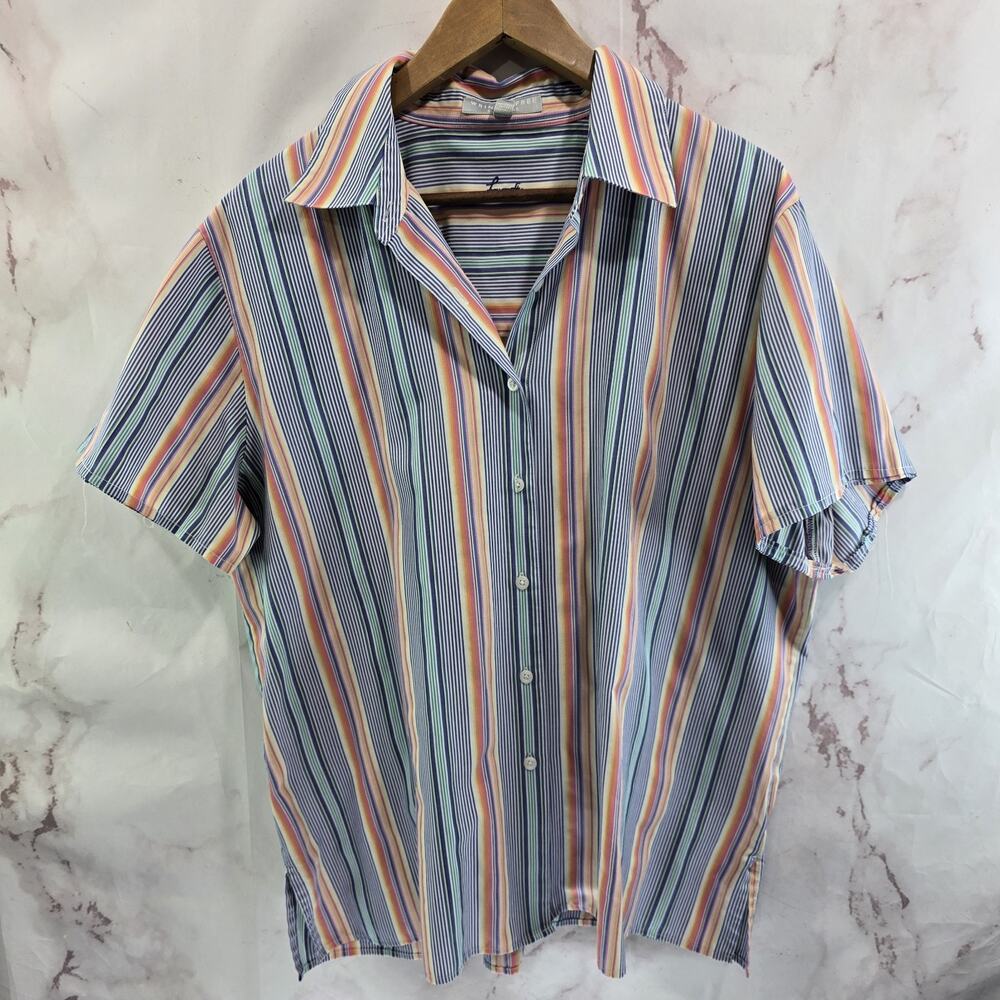 Foxcroft Shirt Women 16W Blue Orange Striped Button Up Wrinkle Free Classic Fit